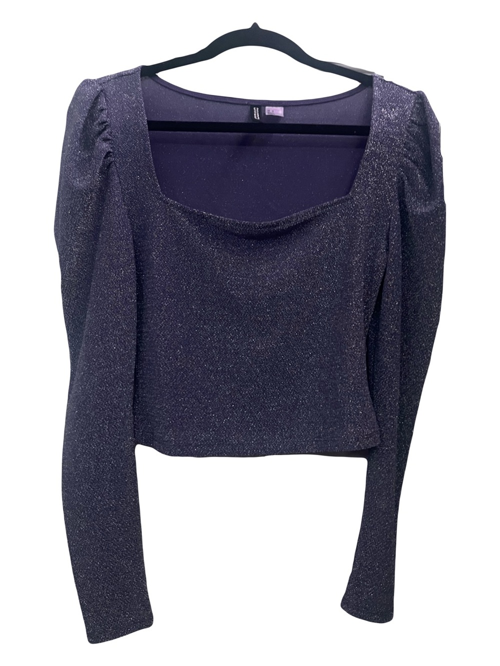 Sparkle Puff-Sleeve Scoop Neck Long Sleeve Top